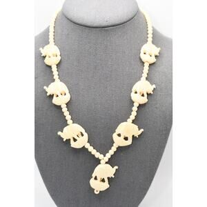 Vintage Celluloid Elephant Necklace Carved Lucky Elephants 1950s 19"